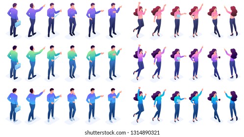 Isometric set of movements and poses of a young man and young girls. Vector illustration set