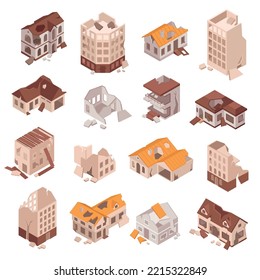 Isometric set of multi storey broken and ruined city buildings after earthquake or war isolated vector illustration