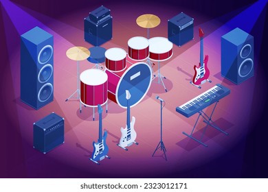 Isometric set of musical instrument Synthesizer analog sound, Drum kit with drums and cymbals and Acoustic and Electric Guitar Musical Instruments, and combo amp near