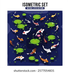 Isometric set of Natural Koi Pond With Lotus on it surface, showing beautiful, elegant, cozy , and relaxing feel. Come with many water plant, dragonflies, and many variant of koi fish