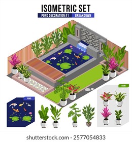 Isometric set of Natural Koi Pond With Lotus and mini waterfall on it surface, showing beautiful, elegant, cozy , and relaxing feel. Come with many  plant, dragonflies, and many variant of koi fish