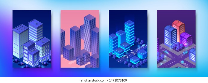 Isometric set neon night ultraviolet module city with skyscraper from urban building vector architecture. illustration for design business shape background illustration of vector with clipping mask
