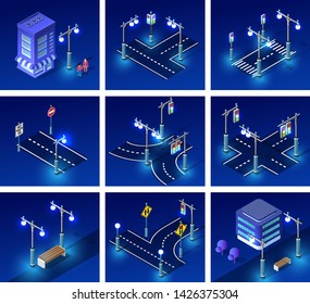 Isometric set night light lighting ultra city concept of lanterns, an ultraviolet 3d modern design of urban street lamps. Vector illustration of modern business background.