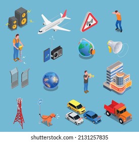 Isometric set with noise light and electromagnetic pollution icons isolated vector illustration