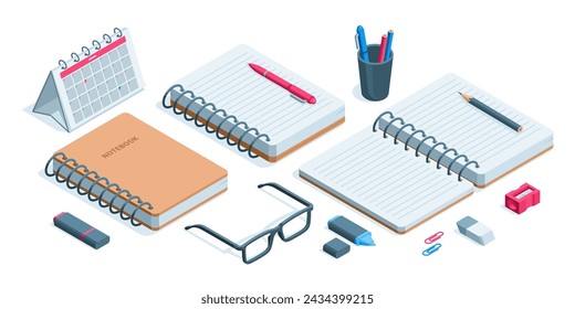 isometric set of notebook with pen and pencils next to calendar and glasses, in color on white background, office notepad in closed and open view