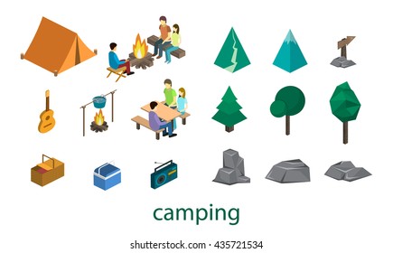 Isometric set of object for camping. Infographic 3D flat. Set of object.