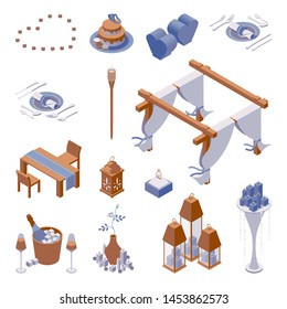 Isometric set of objects for decorating beach romantic dinner scene with candle lights, table setting and cake, heart shaped paper lanterns and tent with white curtains, good for couples engagement