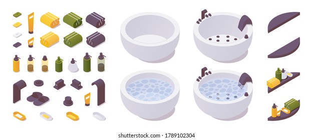 Isometric set of objects for spa or jacuzzi for home, hotel, villa. Collection with and without water and bathroom accessories