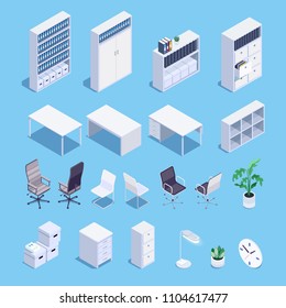 Isometric set of office furniture icons. 3d office desks, file storage, office chairs, clocks and plants. Vector illustration.