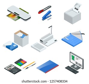 Isometric set of office tools. Vector icons illustration stapler, laminator, binder, office knife, multifunctional office printer, office cutter