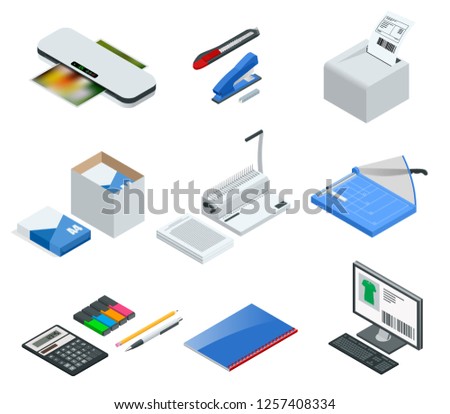 Isometric set of office tools. Vector icons illustration stapler, laminator, binder, office knife, multifunctional office printer, office cutter