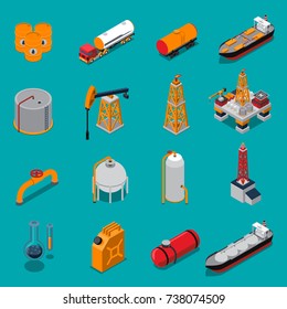 Isometric Set With Oil Production And Refinery, Gas Extraction And Pipeline On Blue Background Isolated Vector Illustration 