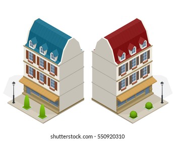  Isometric Set of the old Northern European city abstract buildings. Flat illustration of Series of the cartoon buildings.