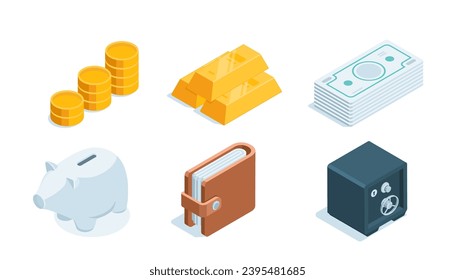 isometric set on the theme of finance, in color on a white background, gold and money or wallet and safe