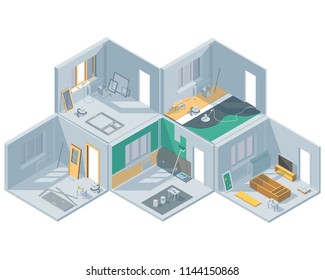 Isometric set on the theme of room renovation. Furniture assembly. Laying of laminate and screed. Door installation. Wall painting.