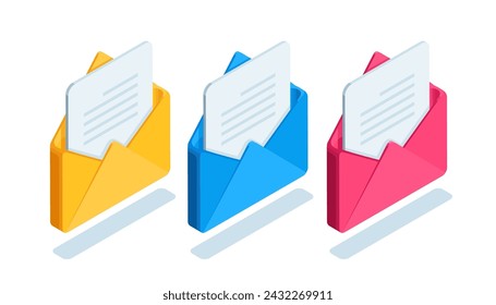 isometric set of open envelope icons, in color on white background, read letter or text document on mail
