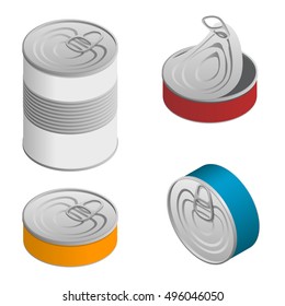 Isometric Set Of Opened And Closed Food Tin Cans With Blank Label Isolated On White