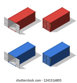 Isometric Set Of Opened And Closed Shipping Container. Cargo Delivery, Vector Illustration