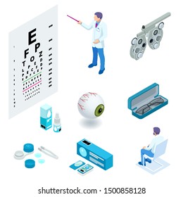 Isometric set of Ophthalmology and eye care icons. Medical helth equipment. Check eyesight for eyeglasses diopter.