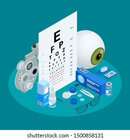 Isometric set of Ophthalmology and eye care icons. Medical helth equipment. Check eyesight for eyeglasses diopter.