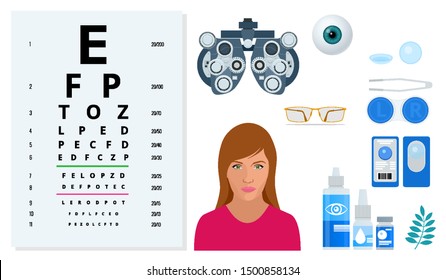 Isometric set of Ophthalmology and eye care icons. Medical helth equipment. Check eyesight for eyeglasses diopter.