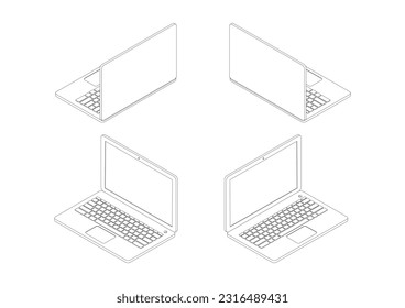 Isometric set of outline laptops. illustrator vector.