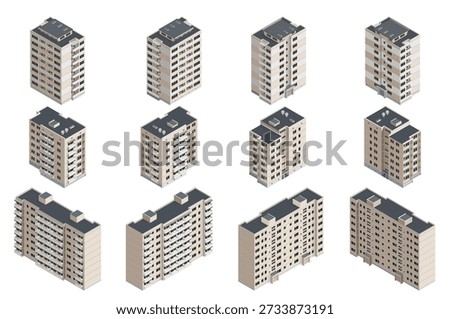 Isometric Set of Panel Residential Buildings and Apartment Blocks. 3D Vector City Infrastructure Elements for Urban Maps, Real Estate and Architecture Infographics
