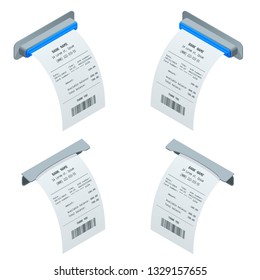 Isometric set of paper check and financial check isolated. Cash register sales receipts printed on thermal rolled paper. Cash receipt vector illustration