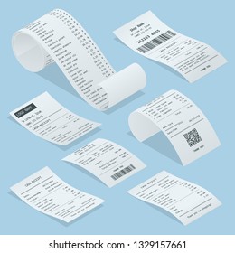 Isometric set of paper check and financial check isolated. Cash register sales receipts printed on thermal rolled paper. Cash receipt vector illustration