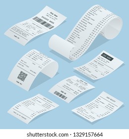 Isometric set of paper check and financial check isolated. Cash register sales receipts printed on thermal rolled paper. Cash receipt vector illustration