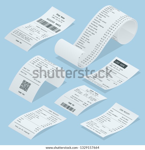Isometric set of paper check and financial
check isolated. Cash register sales receipts printed on thermal
rolled paper. Cash receipt vector
illustration