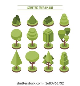 Isometric set of park plants with green trees and bushes of various shapes isolated vector illustration