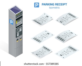 Isometric set of Parking tickets and carking meter. Flat illustration icon for web