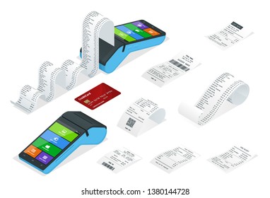 Isometric set of Payment Machine or POS Terminal with receipt records, design template of bill ATM, paper financial check for mockup.