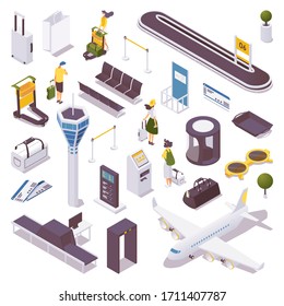 Isometric set of people at the airport, luggage belt, security service, airplane and more. Bags and trolley for travel and vacation
