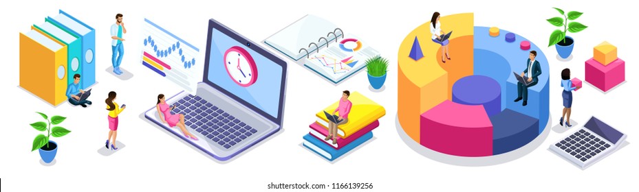 Isometric set of people and business icons on a white background. People in the process of work, startups, entrepreneurs, beginning businessmen, freelancers.