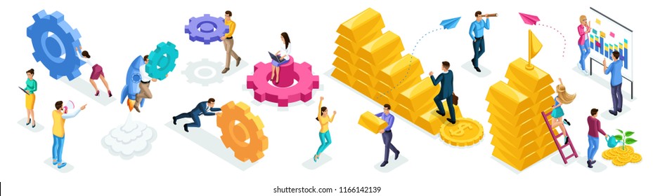 Isometric Set Of People And Business Icons On A White Background. People In The Process Of Work, Brainstorming, Teamwork, Goal Achievement.