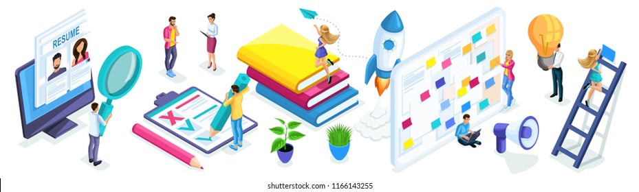 Isometric set of people and business icons on a white background. People in the process of work, job search, recruiting, creating ideas, beginning entrepreneurs.