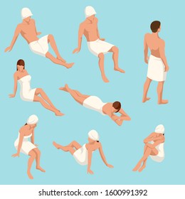 Isometric set of people in different poses for sauna design isolated on a light background. People enjoying hot steam procedures