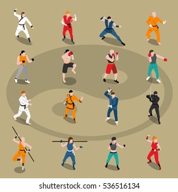 Isometric set of people doing different eastern and european martial arts isolated on background with yin yang vector illustration