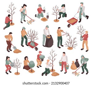 Isometric set with people doing gardening in spring raking dry leaves planting trees digging ground 3d isolated vector illustration