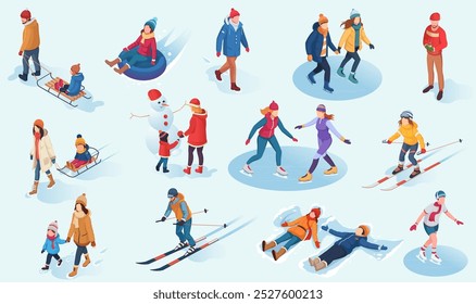 Conjunto isométrico de personas que disfrutan de deportes y actividades de invierno. Ilustración vectorial