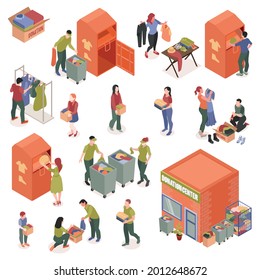 Isometric set with people making clothes donations and volunteers from charitable centre isolated 3d vector illustration