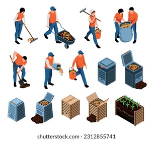 Isometric set of people making and using compost 3d isolated vector illustration