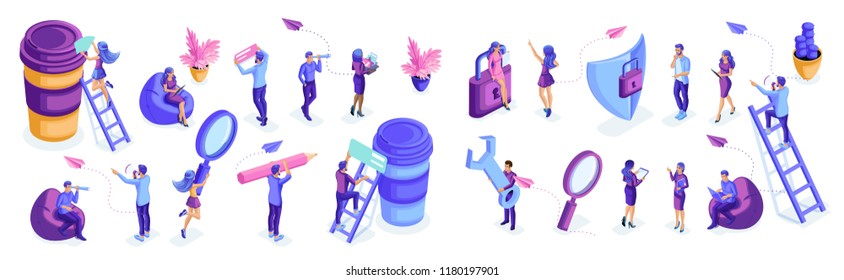 Isometric set of people in motion, work, write, analyze, brainstorm. Isolated characters on a white background. Young people, young entrepreneurs.