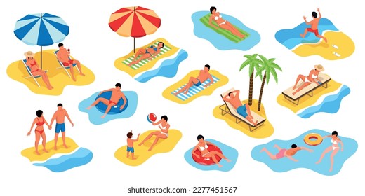 Isometric set of people relaxing on tropical beach playing with child and swimming isolated vector illustration