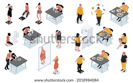 Isometric set with people suffering from gluttony bulimia keeping diet feeling bad 3d isolated vector illustration