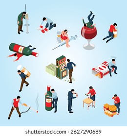 Isometric set of people with various addictions isolated vector illustration person medicament dose young alcohol problem drugs painkiller