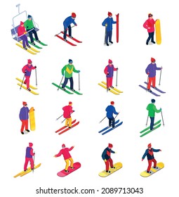 Grupo isométrico de personas con ropa brillante haciendo deportes de invierno snowboard y esquí aislado ilustración vectorial 3d