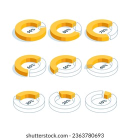 isometric set of pie charts from 10 to 90%, in color on white, statistical data or data visualization